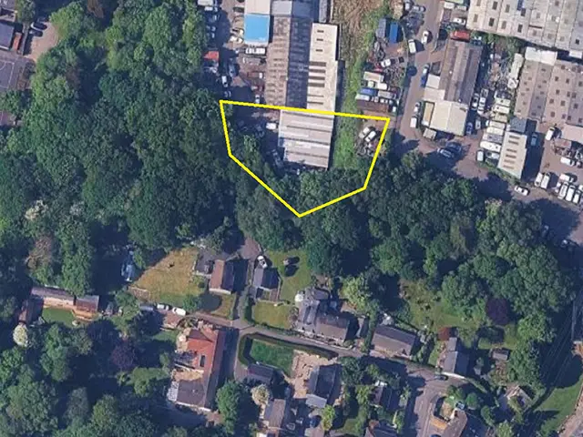 Aerial view of the development site (marked roughly in yellow) at St Davids Industrial Estate, Pengam