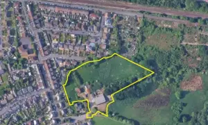Aerial view of the proposed Nant Y Calch housing development site (marked roughly in yellow) in Caerphilly