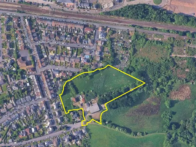 Aerial view of the proposed Nant Y Calch housing development site (marked roughly in yellow) in Caerphilly