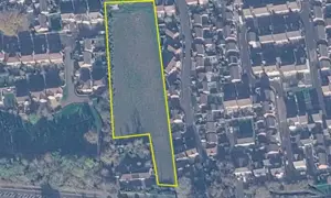 Aerial view of the proposed development site (roughly marked in yellow) in Langstone