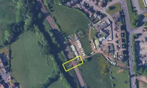 Aerial view of the railway line near Cefn Hengoed, with the relevant area of footpath marked roughly in yellow