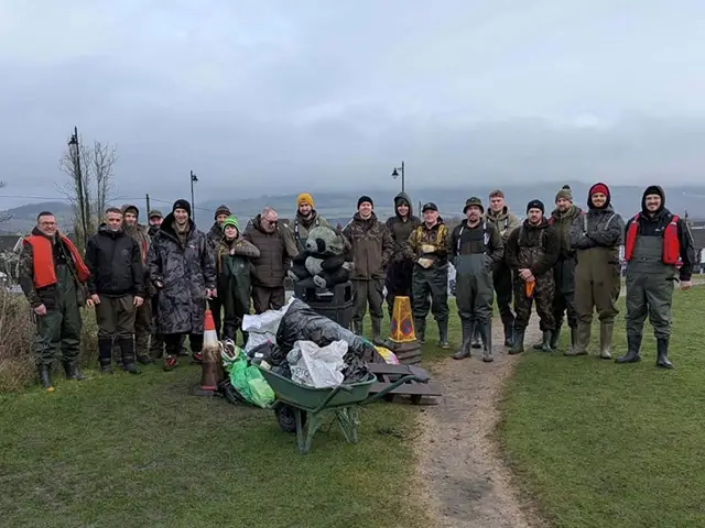 Members of Caerphilly Angling Club cleared litter from Caerphilly Castle moat