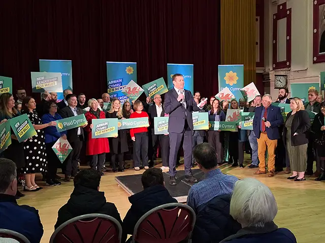 Rhun ap Iorwerth speaking at Plaid Cymru's campaign launch at Bedwas Workmen's Hall