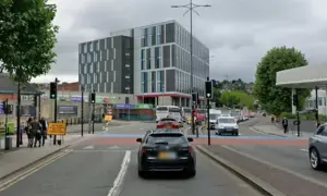Queensway traffic lights at the junction with Cambrian Road, pictured in June 2025