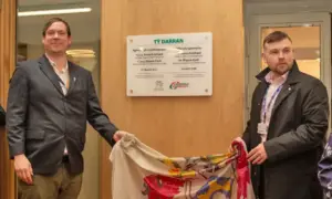 Senior councillors Jamie Pritchard, left, and Shayne Cook officially opening Ty Darran in Risca