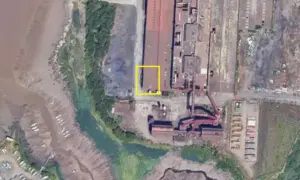 Aerial view of the Liberty Steel Steelworks site in Newport, with development area marked roughly in yellow