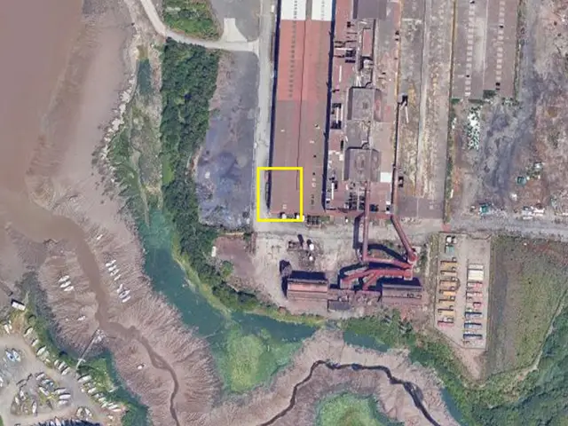 Aerial view of the Liberty Steel Steelworks site in Newport, with development area marked roughly in yellow