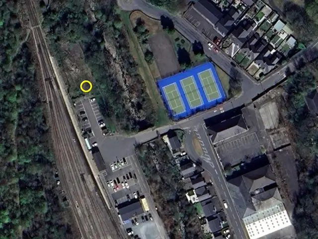 Aerial view of Rhymney Railway Station with proposed mast site marked roughly in yellow