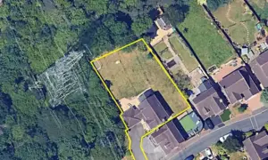 Aerial View of the proposed development site (marked roughly in yellow) at Nant-Y-Moor Close, Coedkernew