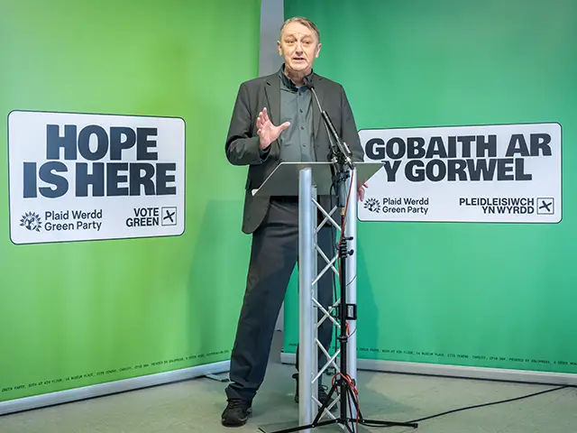 Wales Green Party leader Anthony Slaughter speaking at the party's campaign launch