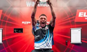 Gerwyn Price celebrating his European Darts Grand Prix victory