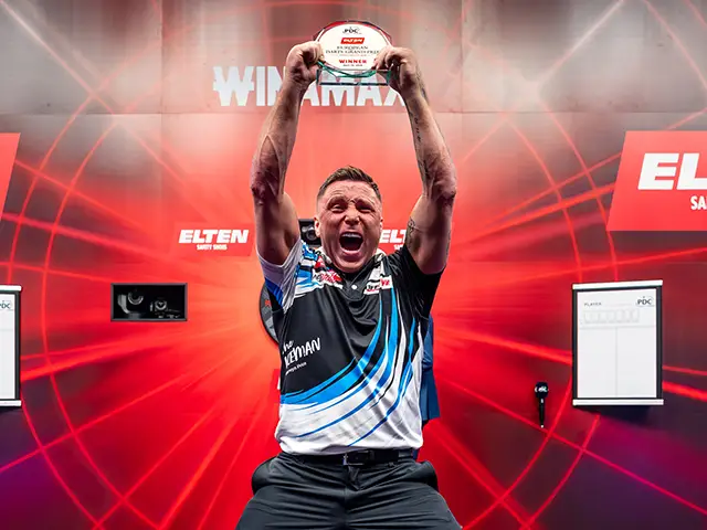 Gerwyn Price celebrating his European Darts Grand Prix victory