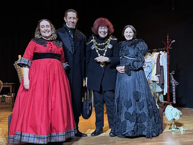 Newport Mayor Councillor Kate Thomas with the cast of Pianoforte, Clare Drewett, David Constant and Adele Cordner, at the Premiere performance in John Frost School Newport