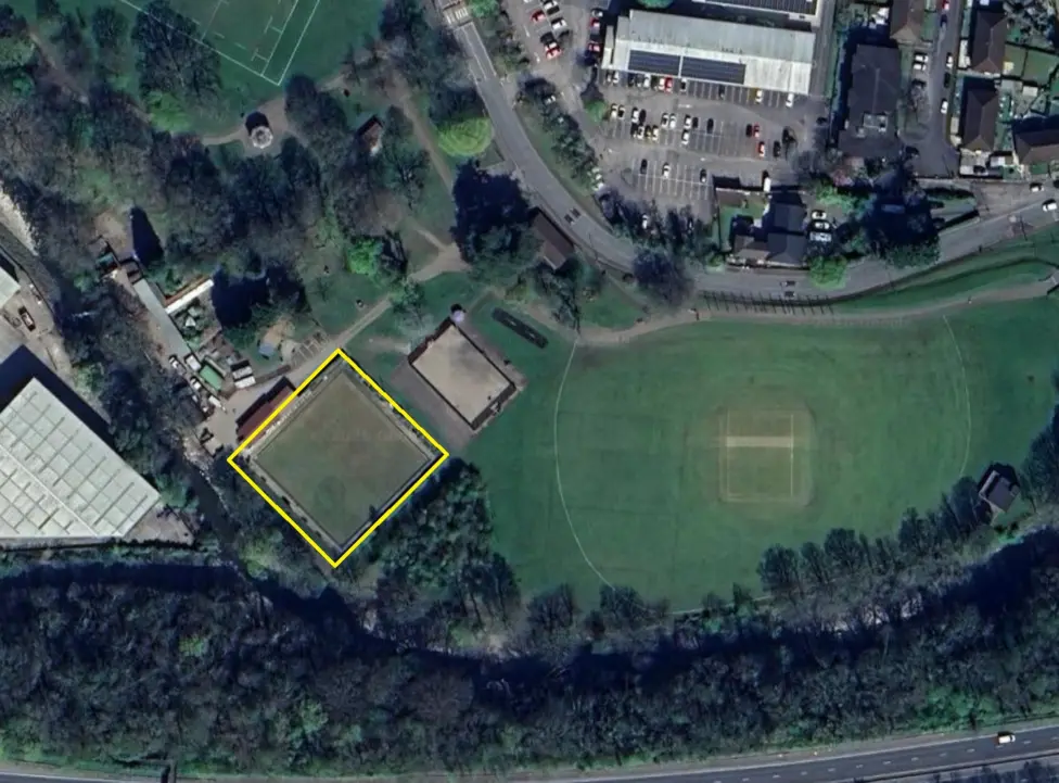 Aerial view of Waunfawr Park in Crosskeys with the bowling green marked roughly in yellow