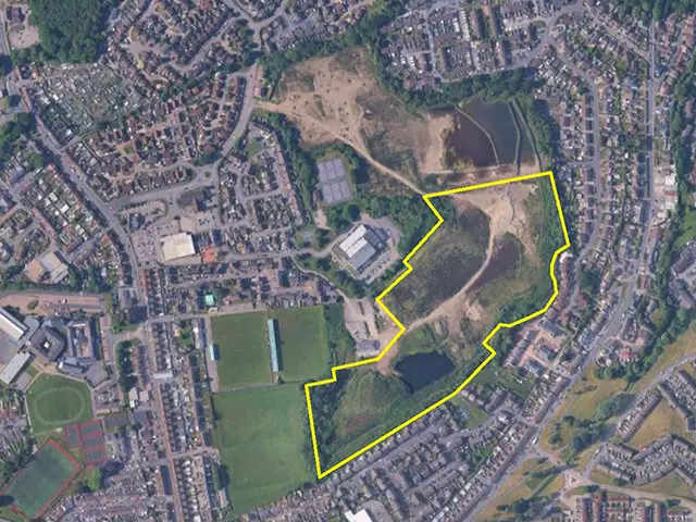 Aerial view of the development site (marked roughly in yellow) at the former Virginia Park Golf Club, Caerphilly
