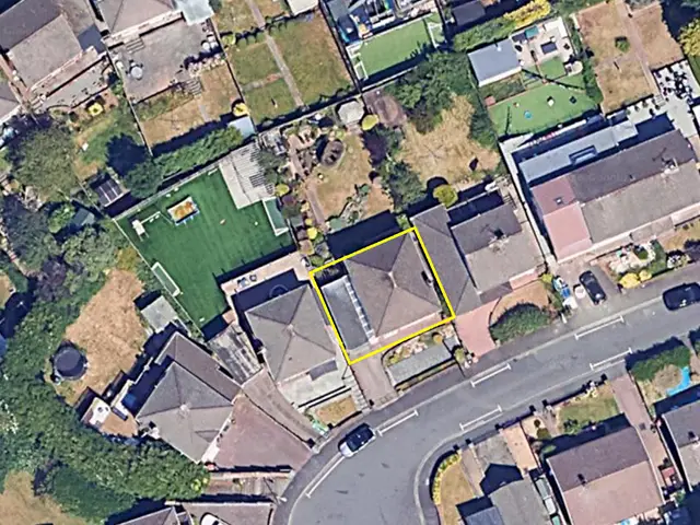 Aerial view of the proposed development site (marked roughly in yellow) at Farnaby Close, Newport