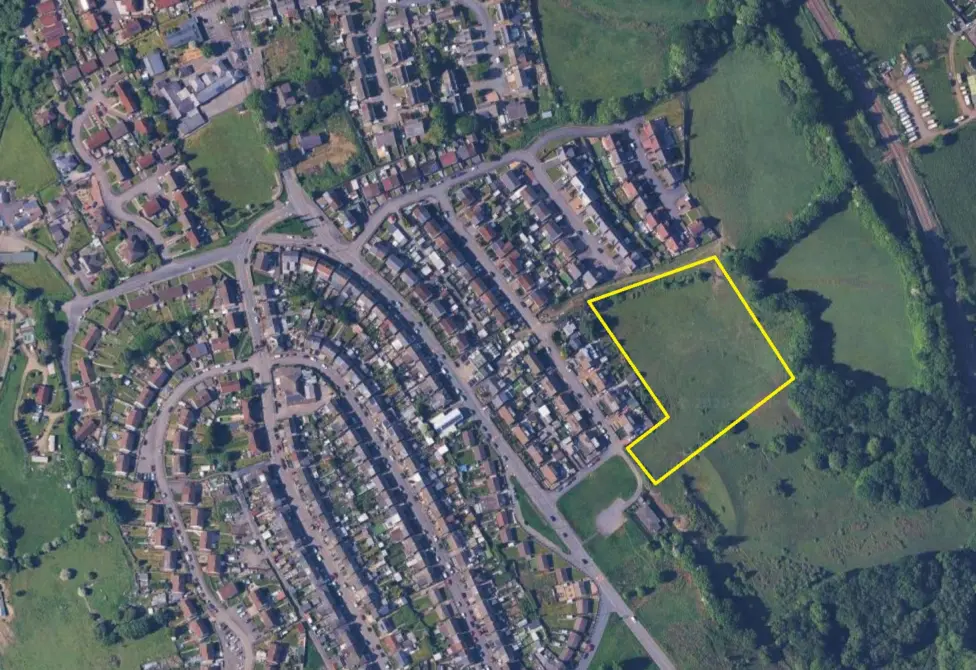 Aerial view of the proposed development site (marked roughly in yellow) near Forest Avenue, Cefn Hengoed