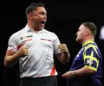 Gerwyn Price, left, faced Luke Littler in the Premier League Darts play-off semi-finals
