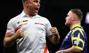 Gerwyn Price, left, faced Luke Littler in the Premier League Darts play-off semi-finals