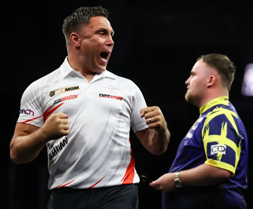 Gerwyn Price, left, faced Luke Littler in the Premier League Darts play-off semi-finals
