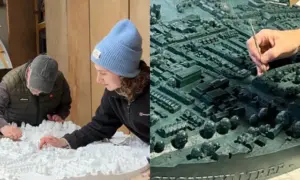 Sebastien Boyesen, left, working on the sculpture