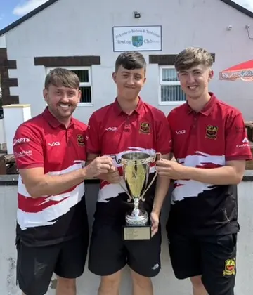 Open triples winners Lewys Thomas, Matthew Harrhy and Oliver Witchell of Blackwood Bowls Club