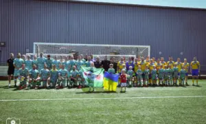 Caerphilly Athletic Over-35s and FC Tryzub players before the match