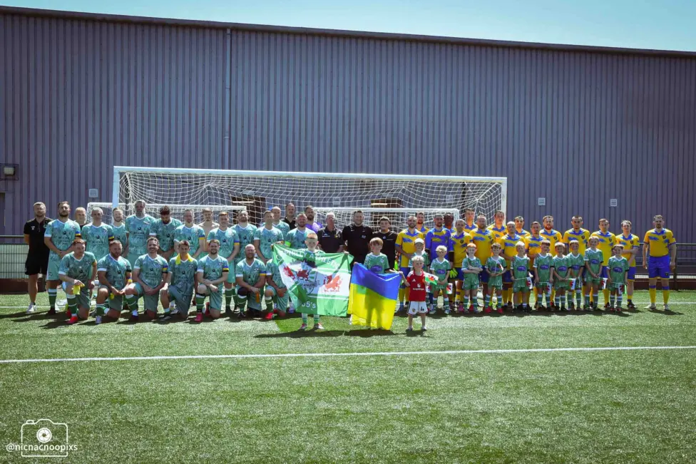Caerphilly Athletic Over-35s and FC Tryzub players before the match