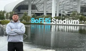 Rhys Cleverly outside SoFi Stadium in Los Angeles