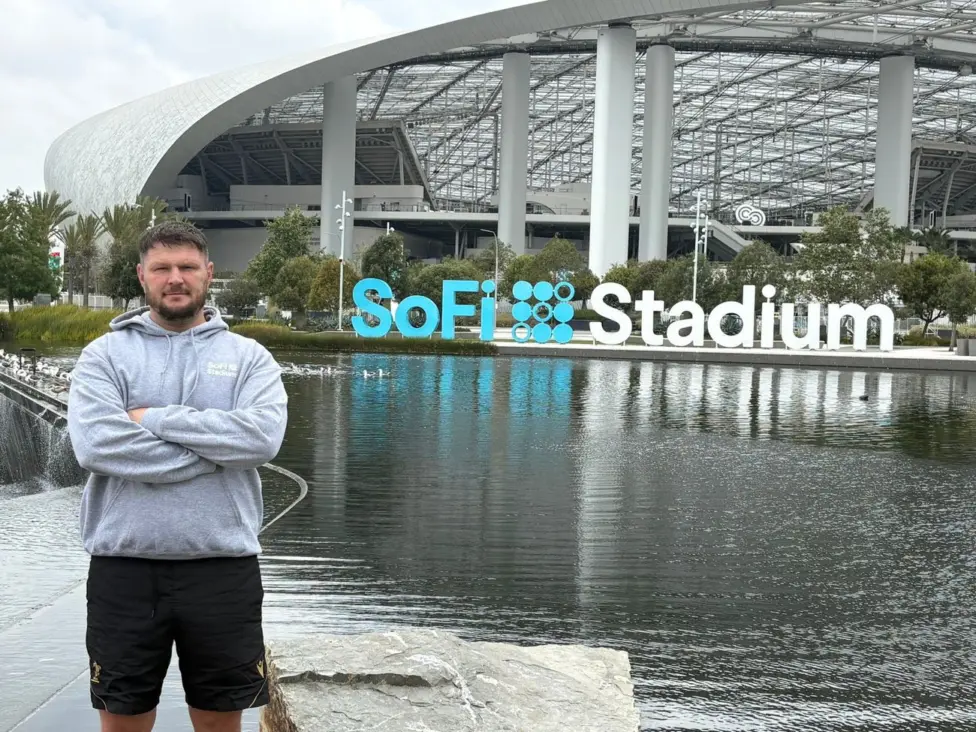 Rhys Cleverly outside SoFi Stadium in Los Angeles