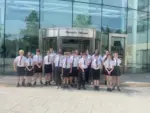 Waunfawr Primary School pupils outside the council's Ty Penallta headquarters