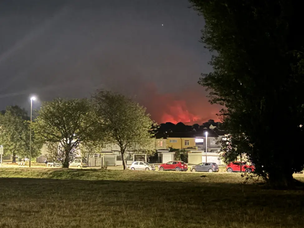 The fire seen from Bedwas Road at around 11.55pm on Tuesday